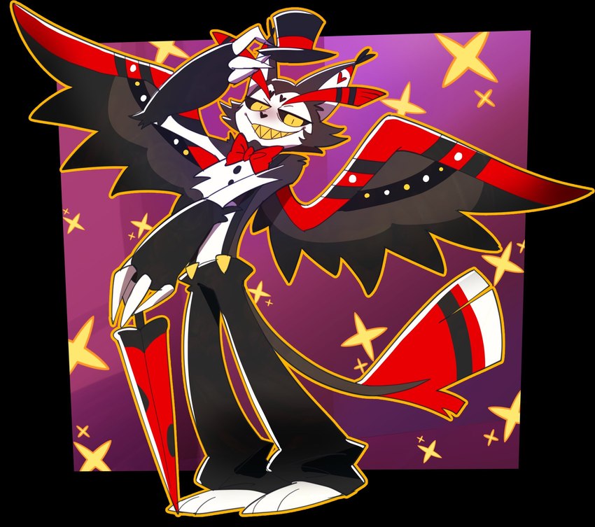 anthro black_body black_fur bottomwear bow_tie claws clothed clothing countershading fangs fur hat headgear headwear looking_at_viewer male overalls pants pattern_background simple_background smile solo spread_wings tail teeth tipping_hat toony top_hat topless umbrella white_body white_fur wings harusuke hazbin_hotel husk_(hazbin_hotel) demon felid feline mammal hi_res shaded soft_shading