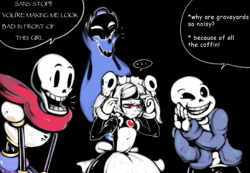 armor bone clothing dialogue ellipsis female group hair humor jacket laugh maid_uniform male not_furry pun red_eyes skeleton skull_heart smile speech_bubble text topwear uniform white_hair captainkirb skullgirls undertale undertale_(series) marie_(skullgirls) papyrus_(undertale) sans_(undertale) animated_skeleton human mammal undead 2015 comic_sans crossover english_text brother_(lore) brothers_(lore) sibling_(lore)