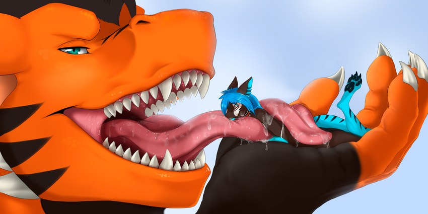 5_fingers anthro black_body blue_body blue_eyes duo extreme_size_difference female female_prey fingers imminent_vore licking lidded_eyes male male/female male_pred mawplay orange_body sharp_teeth simple_background size_difference teeth tongue tongue_out vore kurtcbrox european_mythology mythology kurtcbrox_(character) nyoko_(mallowchu) dragon mythological_creature mythological_scalie scalie western_dragon 2020 2:1 absurd_res hi_res