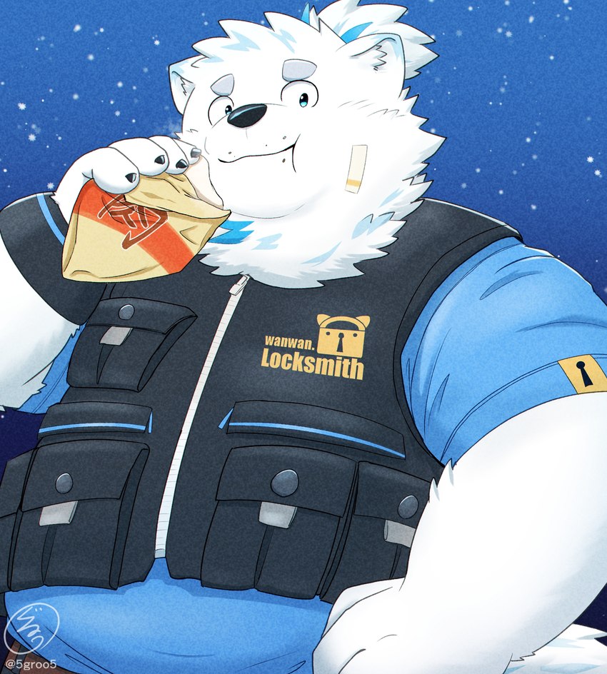 anthro bandage bandage_on_face blue_eyes clothing eating eyebrows fur locksmith male meat_bun shirt solo t-shirt thick_eyebrows topknot topwear vest white_body white_fur wristband zipper 5groo5 lifewonders live_a_hero yohack canid canine canis domestic_dog mammal nordic_sled_dog samoyed spitz hi_res