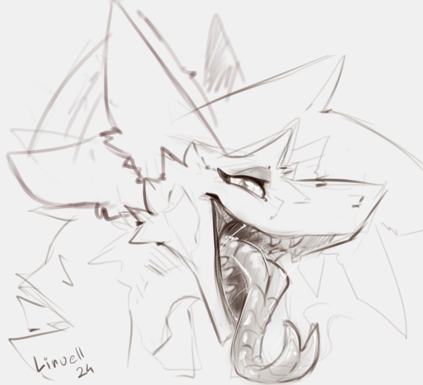 bodily_fluids forked_tongue long_tongue looking_at_viewer open_mouth open_smile saliva sharp_teeth simple_background smile solo teeth tongue tongue_out linuell sergal 2024 digital_media_(artwork) hi_res sketch