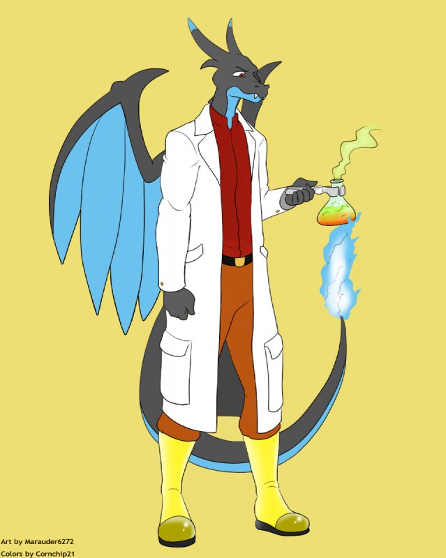 anthro belt bottomwear burning chemicals chemistry clothed clothing coat fire flaming_tail flask fully_clothed horn lab_coat male pants science shirt simple_background solo tail topwear wings cornchip21 marauder6272 mythology nintendo pokemon trenchbound dragon generation_6_pokemon mega_charizard mega_charizard_x mega_evolution mythological_creature mythological_scalie pokemon_(species) scalie hi_res