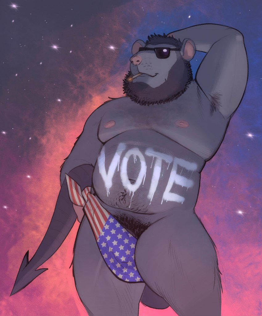 american_flag anthro areola beard belly body_writing bulge cigarette eyewear facial_hair flag fog fur genitals hair hand_behind_head male mature_male moobs navel nipples nude overweight overweight_anthro overweight_male penis penis_base politics pubes simple_background smile smoking solo spade_tail standing sunglasses tail text thick_thighs tuft united_states_of_america writing_on_belly burrserk burrserk_(character) demon mammal murid murine rat rodent 2024 english_text hi_res