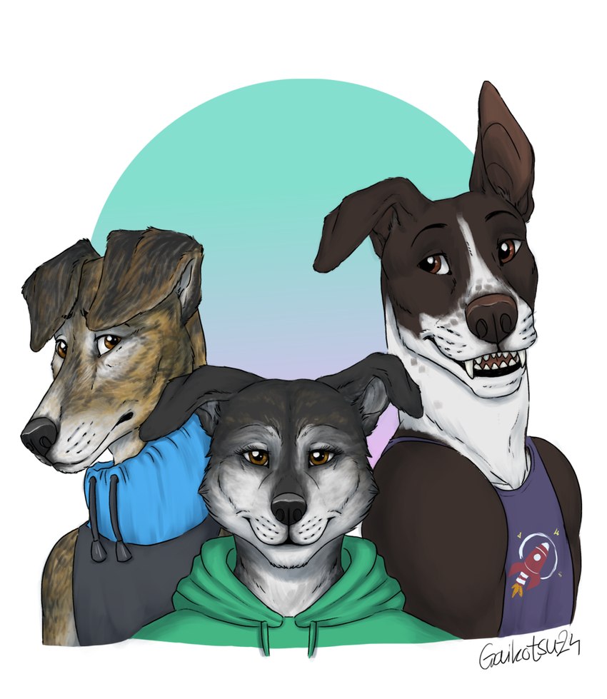 anthro anthrofied athletic athletic_male brown_body brown_eyes brown_fur clothing derpy female fur grey_body grey_fur group hoodie male one_ear_up rocket shirt shy simple_background size_difference sweater tank_top toothy_grin topwear trio turtleneck gaikotsu canid canine canis domestic_dog galgo_espanol mammal mixed_breed 2024 portrait signature