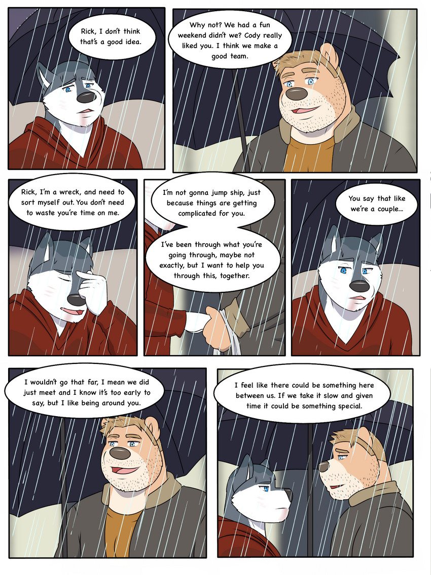 anthro blue_eyes clothed clothing dialogue facial_hair fur group male outside raining simple_background text umbrella rain-yatsu seattle_fur rainier_(rain-yatsu) rick_(rain-yatsu) bear canid canine canis domestic_dog husky mammal nordic_sled_dog spitz 2020 3:4 comic english_text hi_res