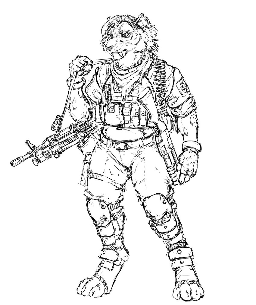 ammunition anthro ear_piercing ear_ring female gun leg_armor looking_aside military_clothing military_jacket military_pants piercing pouch_(clothing) ranged_weapon ring_piercing semi-automatic shotgun simple_background solo weapon hotchkisstank felid feline mammal prehistoric_species saber-toothed_tiger 2022 monochrome