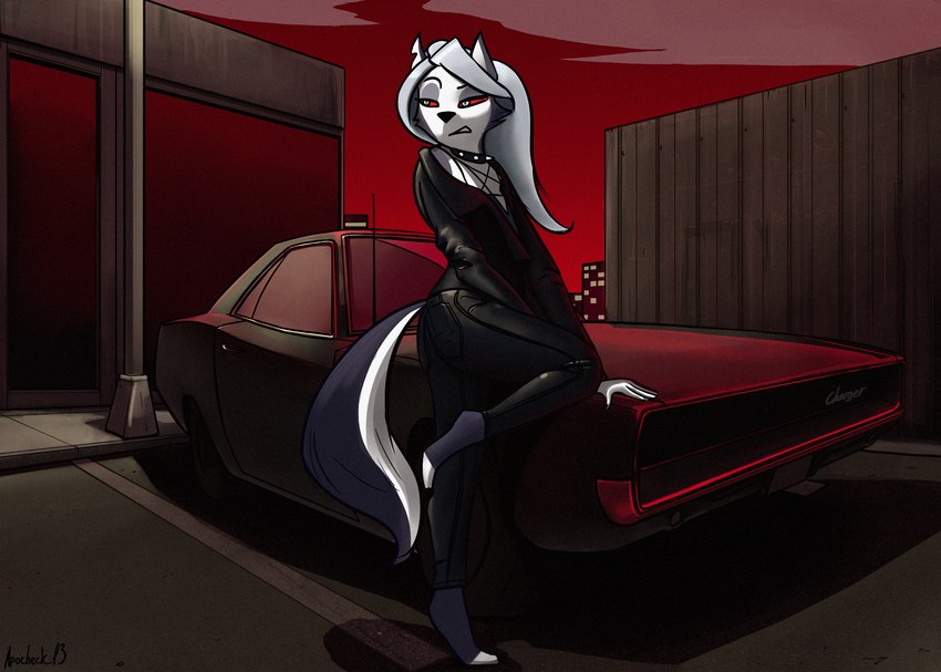 anthro bottomwear car city city_background clothing female jacket leather leather_bottomwear leather_clothing leather_jacket leather_pants leather_topwear looking_away pants parking_lot red_sclera solo street_lamp topwear vehicle apocheck13 conditional_dnp dodge_(brand) dodge_charger helluva_boss mythology loona_(helluva_boss) canid canid_demon canine demon hellhound mammal mythological_canine mythological_creature hi_res