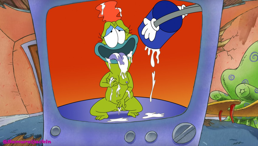 anthro bodily_fluids breasts bucket bukkake container cum cum_on_breasts cum_on_face electronics female fingering genital_fluids nude on_model screencap screencap_background solo television samuraijackin nickelodeon rocko's_modern_life bev_bighead amphibian frog