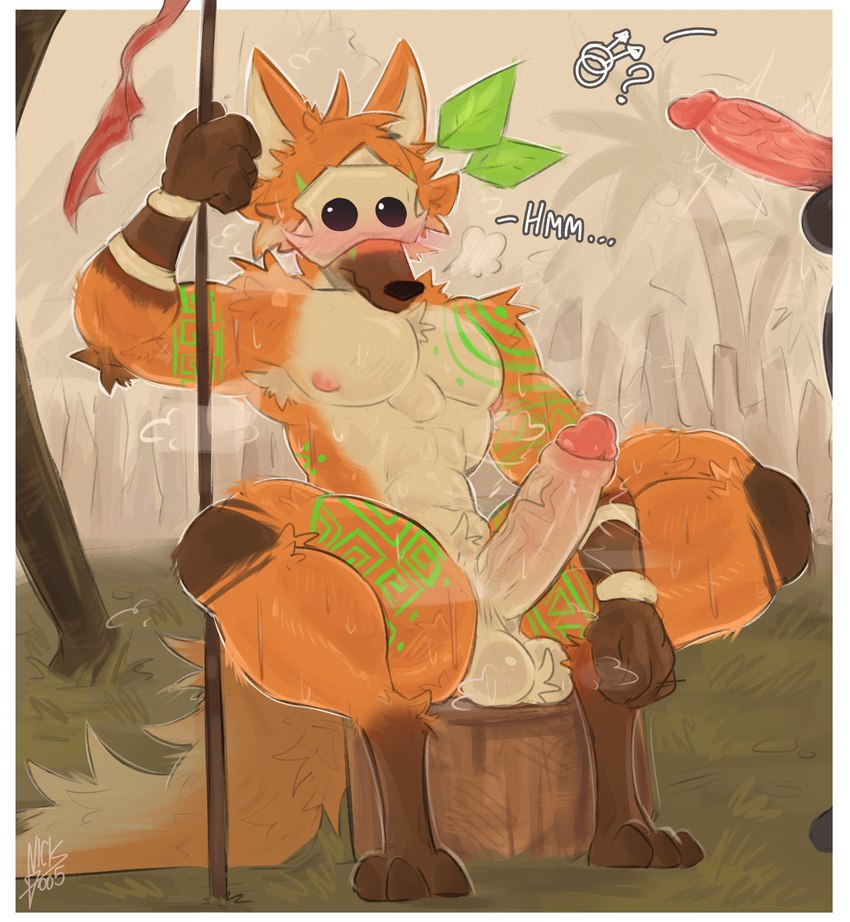 anthro anthro_focus armpit_hair ball_tuft balls big_penis blush bodily_fluids body_hair disembodied_penis duo erection fur gender_symbol genitals holding_melee_weapon holding_object holding_polearm holding_spear holding_weapon humanoid_genitalia humanoid_penis long_penis male male/male male_focus male_symbol mask melee_weapon muscular muscular_anthro muscular_male musk musk_clouds nipples orange_body orange_fur penis polearm pubes saggy_balls sitting_on_stump solo_focus spear spread_legs spreading sweat sweaty_balls sweaty_genitalia sweaty_penis symbol throbbing throbbing_penis tree_stump tuft weapon nick7005 canid canine mammal maned_wolf absurd_res hi_res