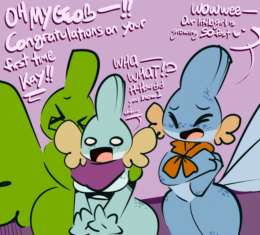 after_sex anthro blue_body blue_scales breasts cheek_fins dialogue embarrassed excited female fin freckles group happy head_fin male question scales scarf shocked simple_background tail tail_fin trio 1upgobbo nintendo pokemon jay_(1upgobbo) kay_(1upgobbo) generation_2_pokemon generation_3_pokemon larvitar mudkip pokemon_(species) hi_res daughter_(lore) father_(lore) father_and_child_(lore) father_and_daughter_(lore) parent_(lore) parent_and_child_(lore) parent_and_daughter_(lore)