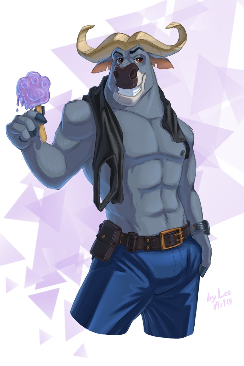 abs anthro belt bulge clothed clothing dessert food ice_cream male muscular muscular_male pawpsicle police police_officer popsicle press solo topless leo-artis disney zootopia chief_bogo bovid bovine cape_buffalo mammal 2:3 absurd_res hi_res