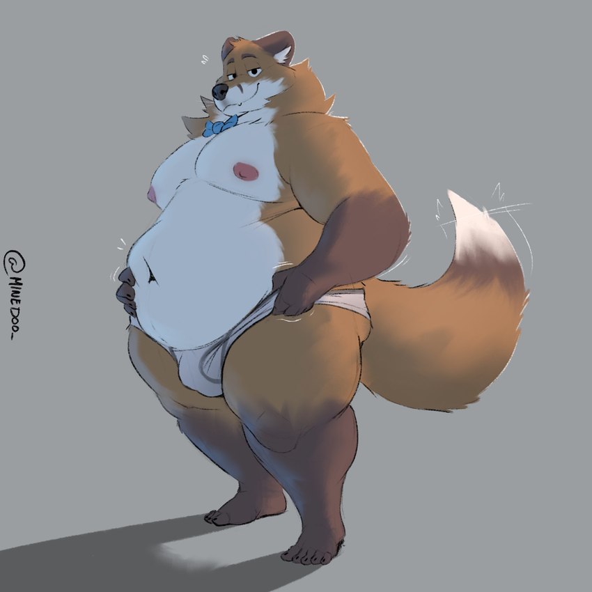 anthro belly belly_grab big_belly bow_tie bulge clothed clothing countershading male moobs motion_lines overweight overweight_anthro overweight_male partially_clothed solo text thick_thighs underwear_grab minedoo canid canine fox mammal 1:1 hi_res