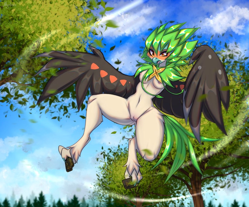 anthro black_wings breasts feathers feet female genitals green_body green_feathers nipples pussy solo spread_legs spreading talons toes wings mysha_(artist) nintendo pokemon vanith_(nyxcha) avian decidueye generation_7_pokemon pokemon_(species) hi_res