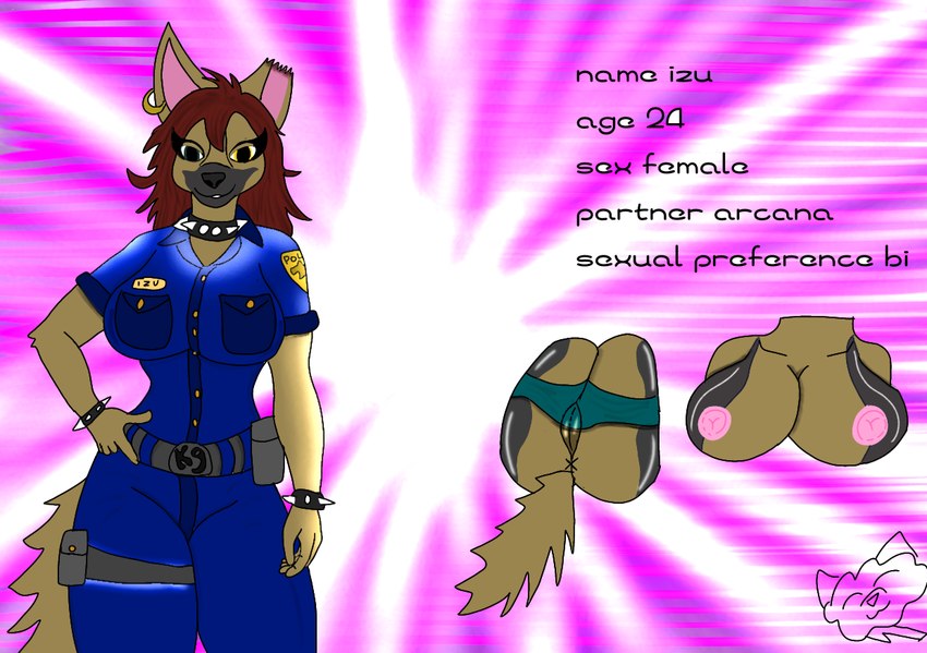 abstract_background anthro anus athletic bracelet breasts butt clothed clothing collar ear_piercing ear_ring female fully_clothed fur genitals hair hand_on_hip jewelry looking_at_viewer nipples notched_ear piercing pink_background police police_uniform pussy red_hair ring_piercing simple_background solo spiked_bracelet spiked_collar spikes tan_body tan_fur text translucent translucent_clothing uniform stormfluff567 izu_the_shepherd canid canine canis domestic_dog german_shepherd herding_dog mammal pastoral_dog model_sheet portrait three-quarter_portrait