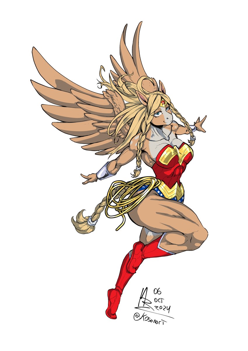 anthro blonde_hair braided_hair braided_ponytail braided_tail cosplay crown female hair headgear muscular muscular_anthro muscular_female ponytail rope solo tail tiara wings kosenart mythology wonder_woman_(series) precious_(oc) equid equine mammal mythological_creature mythological_equine pegasus absurd_res hi_res