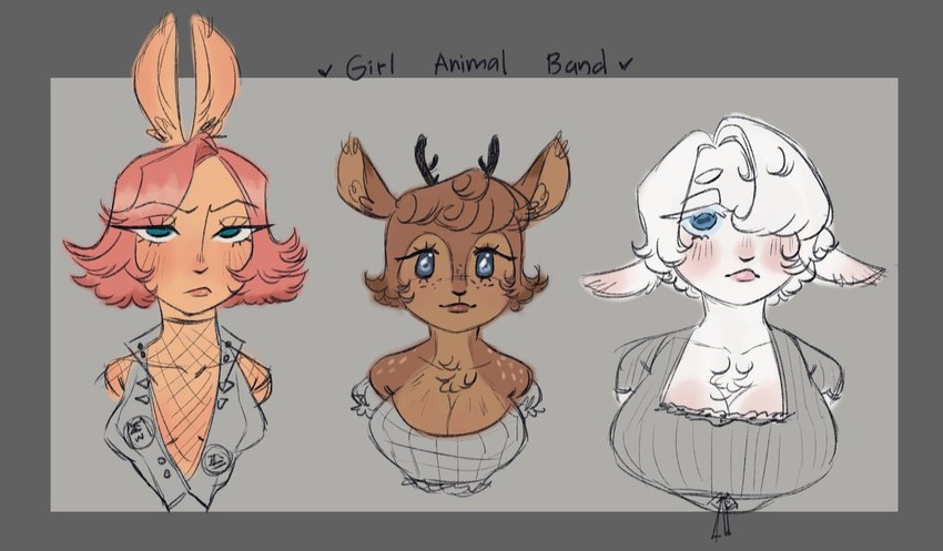 anthro blue_eyes blush border breasts brown_body brown_fur brown_hair female fur grey_border group hair hair_over_eye looking_at_viewer pink_hair simple_background tan_body tan_fur trio white_body white_fur sheep4sleep1915_(artist) jazz_(lewdersheep) bovid bovine caprine deer lagomorph leporid mammal rabbit sheep bust_portrait english_description portrait