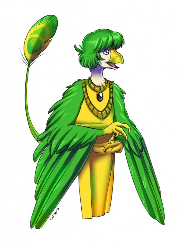 anthro beak biped blue_eyes feathered_wings feathers gem green_hair hair male simple_background solo standing winged_arms wings rakakuza unknown_artist quzue avian bird domestic_cat felid feline felis hybrid mammal nevrean 2013 hi_res