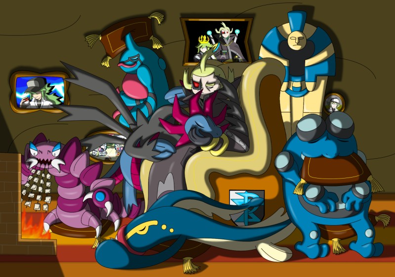 anthro eyes_closed feral group male semi-anthro sleeping johnbrain93 nintendo pokemon team_plasma ghetsis n_(pokemon) cofagrigus drapion eelektross generation_4_pokemon generation_5_pokemon hydreigon pokemon_(species) seismitoad toxicroak hi_res