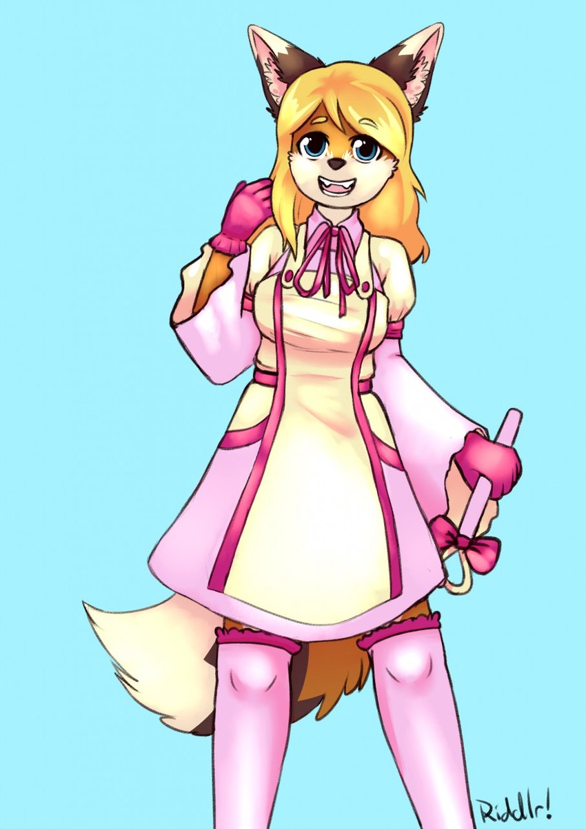 anthro blonde_hair blue_background blue_eyes brown_nose clothed clothing dipstick_ears dress ear_markings fangs female front_view fur glistening glistening_eyes hair holding_object holding_staff legwear looking_at_viewer multicolored_ears open_mouth open_smile orange_body orange_fur pink_clothing pink_dress pink_legwear pink_tongue simple_background smile solo staff standing tan_body tan_fur teeth tongue yellow_clothing yellow_dress riddlr alley_(riddlr) canid mammal hi_res portrait signature three-quarter_portrait