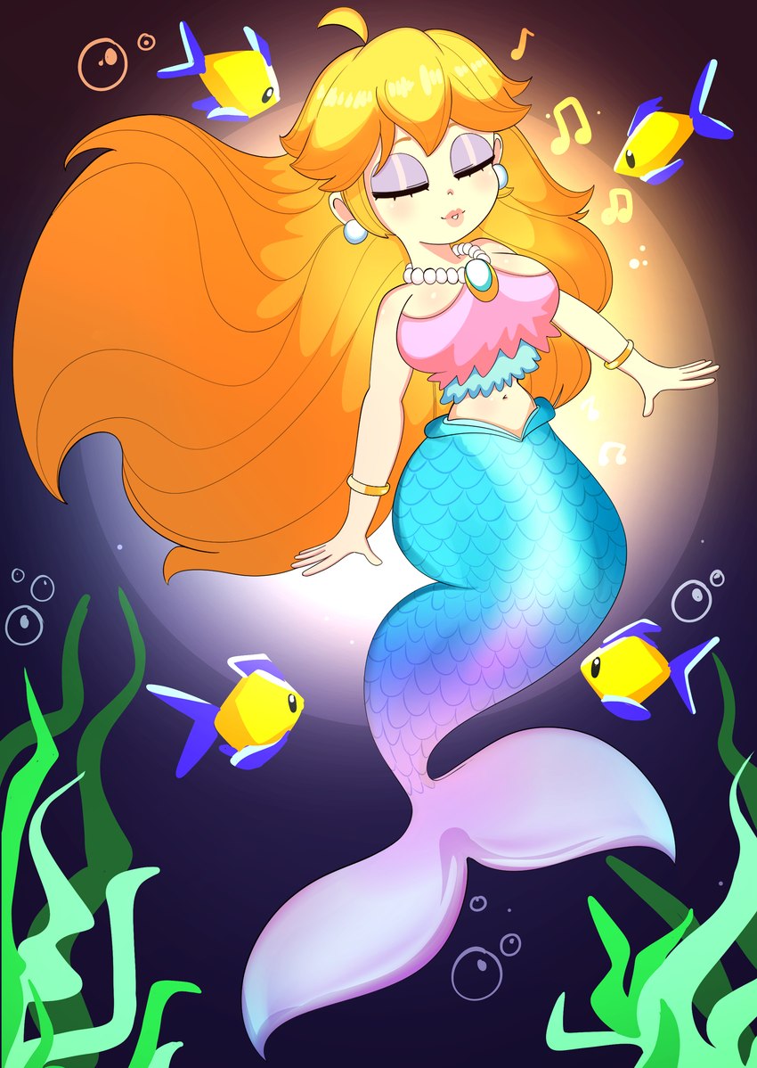 big_breasts breasts ear_piercing eyes_closed female feral jewelry midriff musical_note musical_symbol necklace piercing solo split_form symbol underwater water onibi mario_bros nintendo princess_peach_showtime! princess_peach fish humanoid marine merfolk absurd_res hi_res