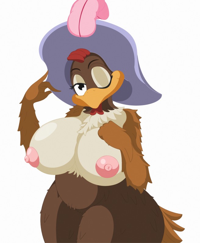 anthro areola beak big_breasts breasts brown_body brown_feathers clothing curvy_figure eyelashes feathers female half-closed_eyes hat headgear headwear narrowed_eyes nipples non-mammal_breasts non-mammal_nipples one_eye_closed simple_background slightly_chubby solo standing tail tail_feathers thick_thighs voluptuous white_background ducktits disney clara_cluck avian bird chicken galliform gallus_(genus) phasianid 2015 absurd_res hi_res