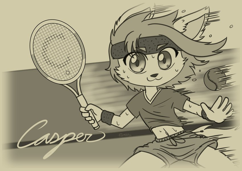 accessory action_pose anthro ball black_nose bodily_fluids bottomwear card_template cheek_tuft clothed clothing eyebrows facial_tuft front_view hair headband holding_tennis_racket looking_at_object male motion_lines navel pose postcard shirt shorts simple_background solo sport sweat sweatband tennis_ball tennis_racket text topwear tuft young young_anthro furnut casper_(neutralplasma) arctic_fox canid canine fox mammal true_fox 2021 english_text hi_res monochrome