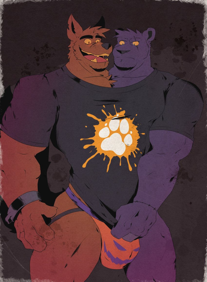 2_heads anthro bicolored_fur black_body black_fur bottomless brown_body brown_fur clothed clothing conjoined cuff_(restraint) duo fur furaffinity_logo glowing glowing_eyes handcuffs jockstrap male metal_cuffs multi_head muscular orange_body orange_fur purple_body purple_fur restraints scientific_experiment sharing_body shirt shirt_only solo stitch_(sewing) stitched_bodies stitched_body test_subject topwear topwear_only underwear zipperhyena furaffinity mythology patch_and_stitch canid canine canis felid feline hybrid mammal mythological_canine mythological_creature pantherine werecanid werecanine werecreature werewolf wolf absurd_res hi_res