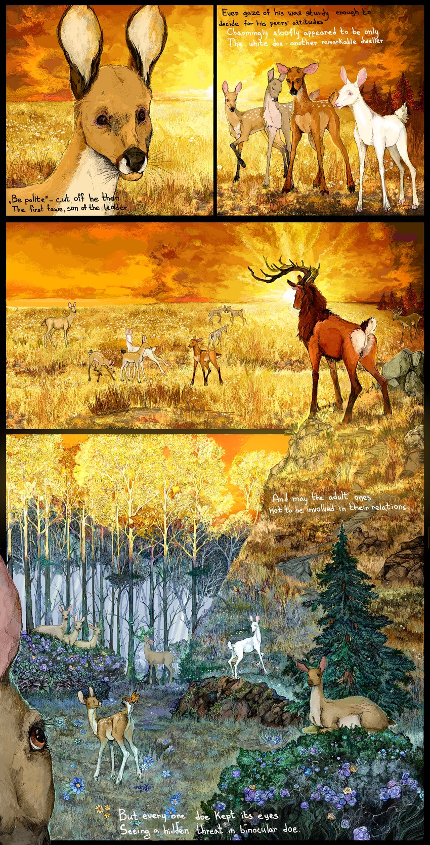 detailed_background female feral grapevine group light male male/female oak_tree plant sunlight text tree young jeffusherb binocular_doe scratched_doe deer mammal absurd_res comic digital_media_(artwork) english_text hi_res