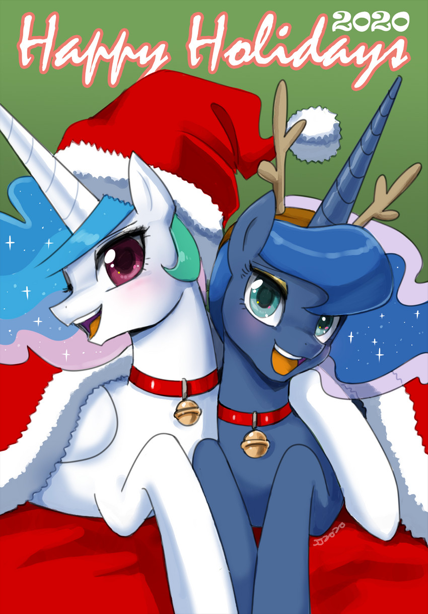 bell bell_choker bell_collar blue_eyes choker christmas_clothing christmas_headwear clothing collar duo female feral gold_eyeshadow hat headgear headwear holidays horn jewelry necklace purple_eyes santa_hat wings john_joseco christmas friendship_is_magic hasbro my_little_pony mythology princess_celestia_(mlp) princess_luna_(mlp) equid equine mammal mythological_creature mythological_equine winged_unicorn 2020 digital_media_(artwork) hi_res shaded