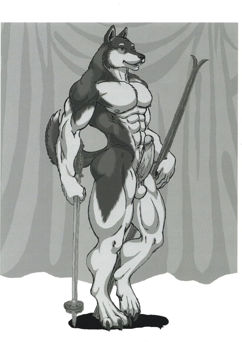 abs anthro balls big_muscles big_penis curtains erection eyebrows genitals humanoid_genitalia humanoid_penis male muscular muscular_male pecs penis ski ski_pole ski_poles solo sudonym canid canine canis domestic_dog husky mammal nordic_sled_dog spitz hi_res