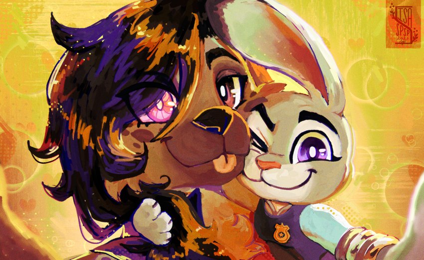 anthro brown_hair duo female female/female glowing glowing_eyes hair selfie side_hug smile tongue tongue_out isaspsp disney zootopia helena_(bonk6) judy_hopps hyena lagomorph leporid mammal rabbit hi_res