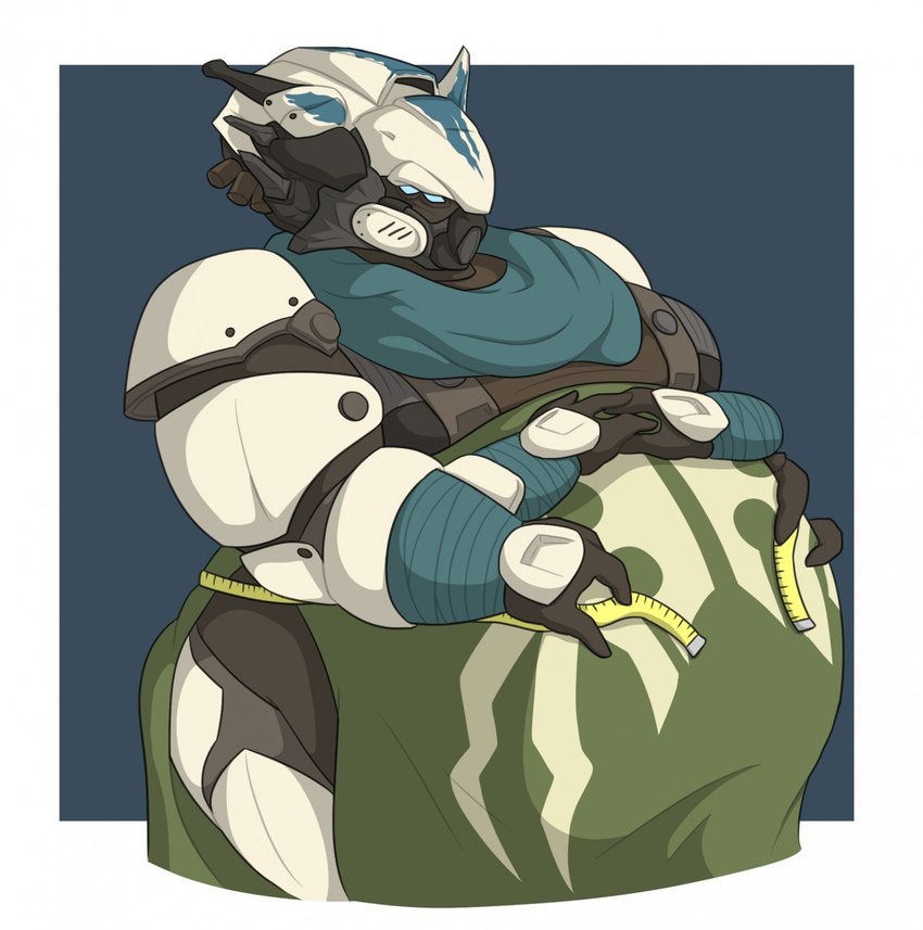 3_fingers 4_arms 4_eyes anthro armband armor belly big_belly black_body black_skin blue_armband blue_eyes blue_scarf clothing fingers green_clothing green_robe hands_together headgear helmet holding_measuring_tape holding_tape_measure male measuring_belly multi_arm multi_eye multi_limb robe scarf simple_background solo tape_measure white_helmet wide_hips theannoyingnpc destiny_(video_game) the_spider_(destiny) alien eliksni 2020 colored digital_drawing_(artwork) digital_media_(artwork) hi_res shaded simple_shading