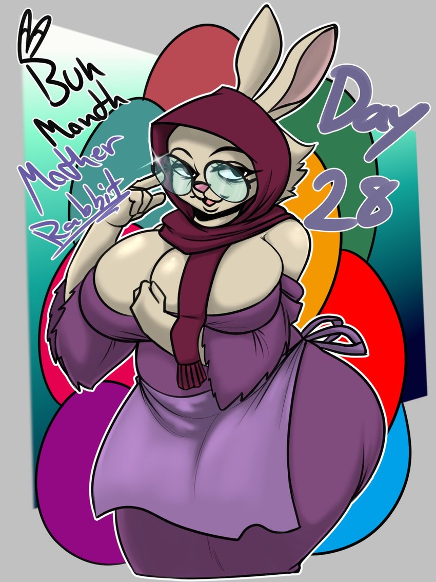 4_fingers adjusting_glasses anthro apron bare_shoulders big_breasts blue_background border breasts butt cleavage clothed clothing dress easter_egg eyebrows eyelashes eyewear female fingers front_view fur glasses glistening glistening_breasts gradient_background grey_border hand_between_breasts hand_on_glasses headscarf holidays looking_at_viewer mature_female purple_clothing purple_dress round_glasses scarf shawl simple_background solo tan_body tan_fur text thick_thighs three-quarter_view waist_apron wide_hipped_female wide_hips jyto disney easter robin_hood_(disney) mother_rabbit lagomorph leporid mammal rabbit 2022 3:4 character_name digital_media_(artwork) english_text hi_res portrait shaded three-quarter_portrait