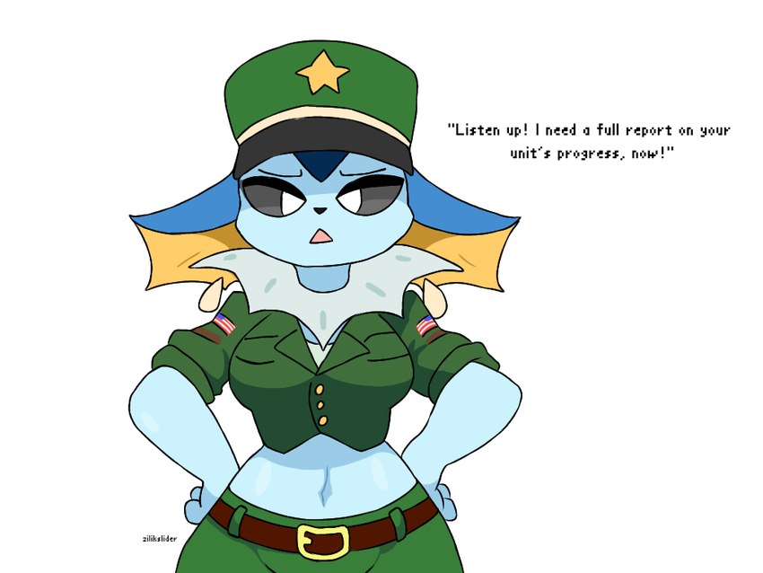 american_flag anthro belt clothing female midriff military military_uniform navel solo text uniform united_states_of_america zilikslider nintendo pokemon eeveelution generation_1_pokemon pokemon_(species) vaporeon 4:3 english_text