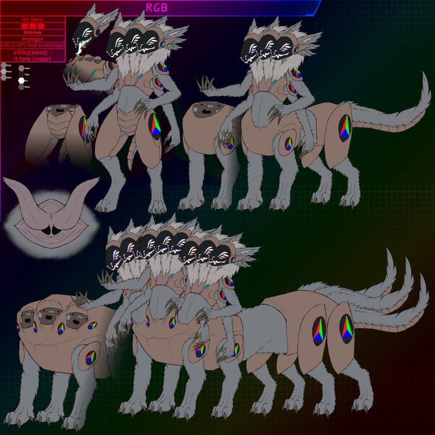 2_penises 3_heads 3_tails 4_arms 4_legs 8_legs animal_genitalia animal_penis anthro cloaca genitals grey_body hemipenes herm intersex machine mane modular multi_arm multi_genitalia multi_head multi_leg multi_limb multi_penis multi_tail multi_torso multiple_poses penis pink_cloaca pink_penis pose rgb_lighting simple_background socket solo tail white_mane frostwyrm102 protogen taur 1:1 model_sheet