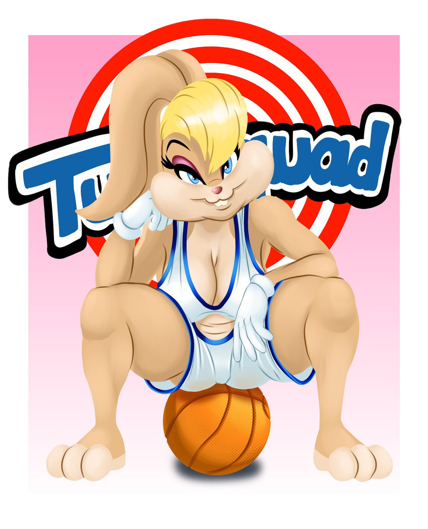 anthro ball basketball_(ball) big_breasts blonde_hair blue_eyes border bottomwear breasts buckteeth clothed clothing eyelashes eyeshadow feet female front_view fur gloves hair handwear head_tuft looking_at_viewer makeup pink_background pink_eyeshadow pink_nose shorts simple_background sitting smile solo tan_body tan_fur teeth thick_thighs topwear tuft white_border white_bottomwear white_clothing white_gloves white_handwear white_shorts white_topwear wide_hips jbreak1 looney_tunes warner_brothers lola_bunny lagomorph leporid mammal rabbit hi_res