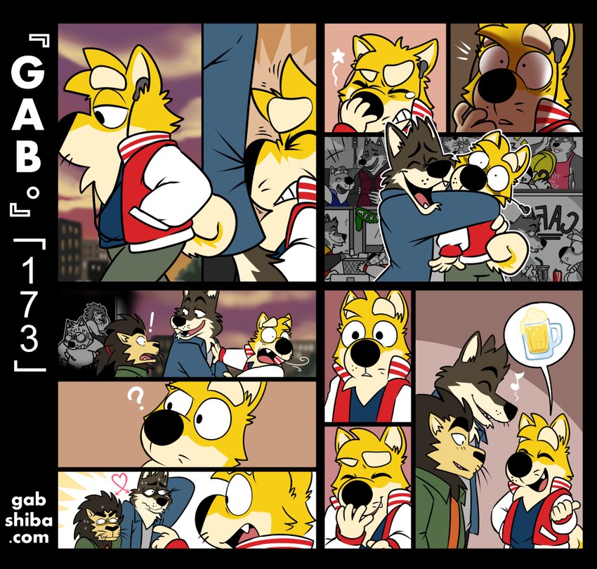 anthro beer_mug black_body black_fur bump city clothed clothing curled_tail dialogue electronics encounter exclamation_point flashback fur group headphones hug male outside question_mark romantic romantic_couple tail text yellow_body yellow_fur gabshiba gab_(comic) gab_shiba wuff_(gabshiba) canid canine canis domestic_dog felid lion mammal pantherine shiba_inu spitz wolf comic english_text pictographics