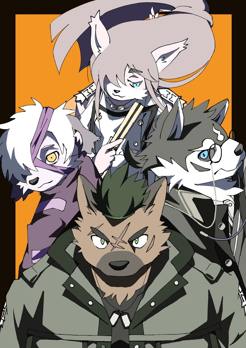 anthro bandage blue_eyes brown_body brown_fur clothing dog_tags eyewear femboy fur glasses grey_body grey_fur group hair male military_uniform multicolored_body multicolored_fur pink_body pink_fur uniform white_hair kakeroid lifewonders tokyo_afterschool_summoners masanori_(tas) tanetomo_(tas) yasuyori_(tas) yoshito_(tas) canid canine canis domestic_dog mammal absurd_res hi_res