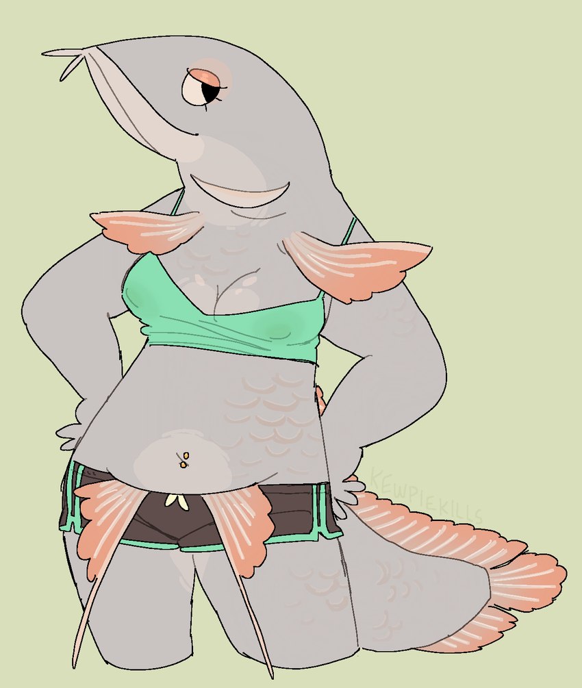 anthro barbel_(anatomy) belly_overhang bottomwear clothing eyelashes female fin fish_tail gills green_clothing green_topwear grey_body half-closed_eyes hotpants mouth_closed narrowed_eyes navel navel_piercing nipples_visible_through_clothing piercing pink_body pink_scales profile scales shorts simple_background solo tail tail_fin topwear kewpiekills mermay mermay_2023 arowana fish marine 2023 hi_res signature