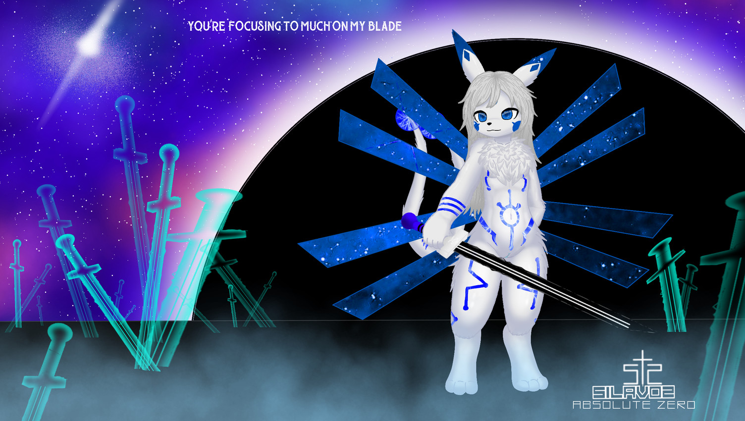 anthro black_hole blue_eyes clitoris female front_view fur genitals grey_hair hair holding_object holding_weapon melee_weapon navel smile solo sword text vulva weapon white_body white_fur wings silavos silavos_snow canid canine deity fox mammal hi_res watermark