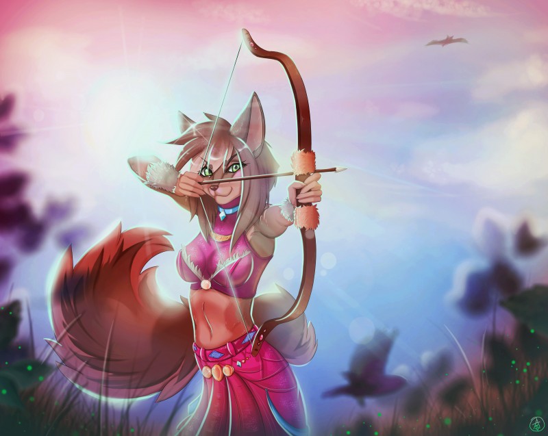 anthro arrow_(weapon) blurred_background bottomwear bow_(weapon) breasts clothed clothing collar female halter_top holding_object holding_weapon looking_at_viewer midriff navel outside ranged_weapon skirt smile solo standing weapon akuma_tlt canid canine mammal 2016 absurd_res hi_res