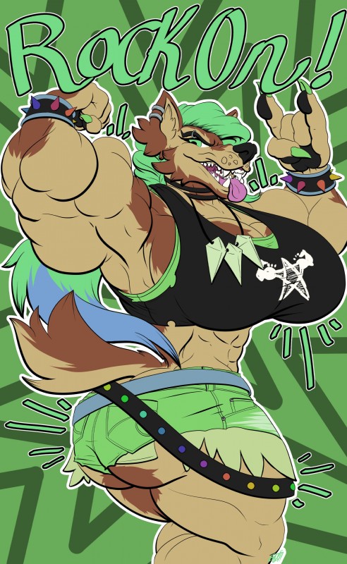 abs anthro big_breasts breasts cleavage clothed clothing ear_piercing ear_ring female muscular muscular_anthro muscular_female piercing ring_piercing solo spikes tongue tongue_out eda canid canine canis coyote mammal absurd_res hi_res