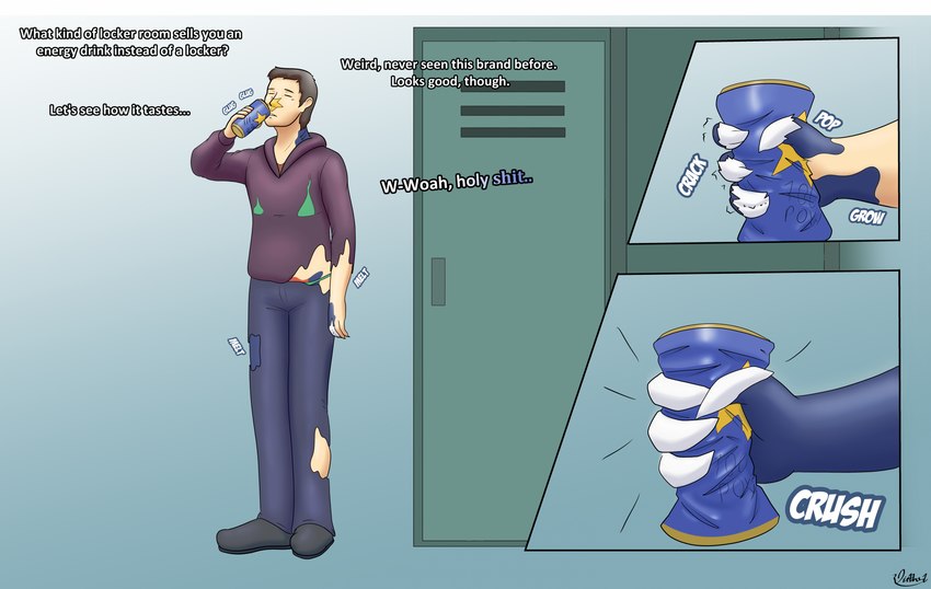 anthro beverage_can bottomwear clothed clothing crushed_can crushed_object dissolving_clothing drinking footwear fully_clothed gender_transformation hoodie locker_room male mid_transformation mtf_transformation pants potion profanity shoes solo species_transformation standing text topwear transformation transformation_potion transformed_clothing diethyl nintendo pokemon lynn_(n4ckl3) garchomp generation_4_pokemon human mammal pokemon_(species) english_text hi_res