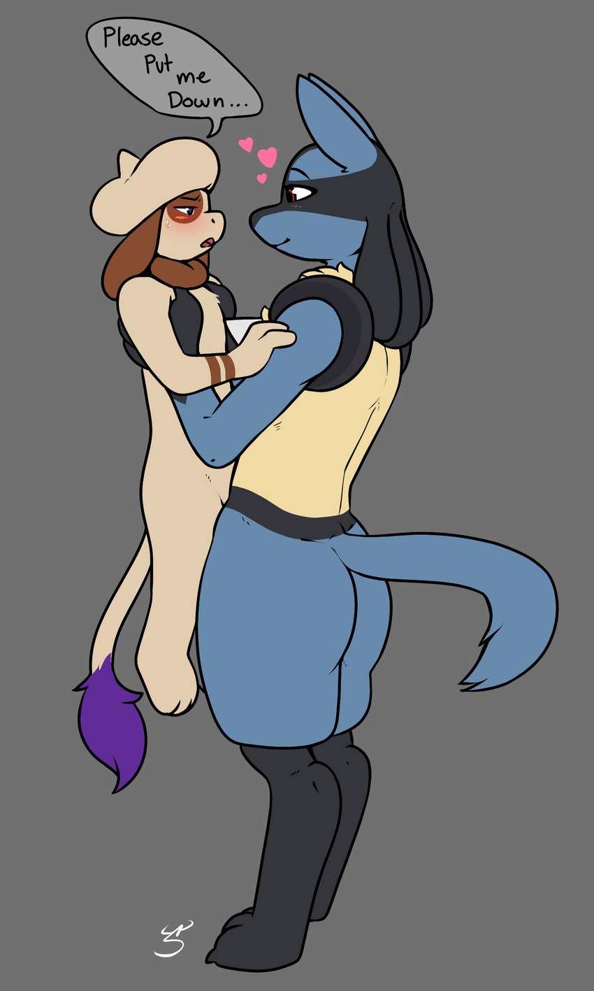 anthro carried carrying_another carrying_partner dialogue duo female grey_background heart_symbol larger_female male nude simple_background size_difference smaller_male standing text mr.smile nintendo pokemon generation_2_pokemon generation_4_pokemon lucario pokemon_(species) smeargle 2024 3:5 absurd_res digital_media_(artwork) english_text hi_res