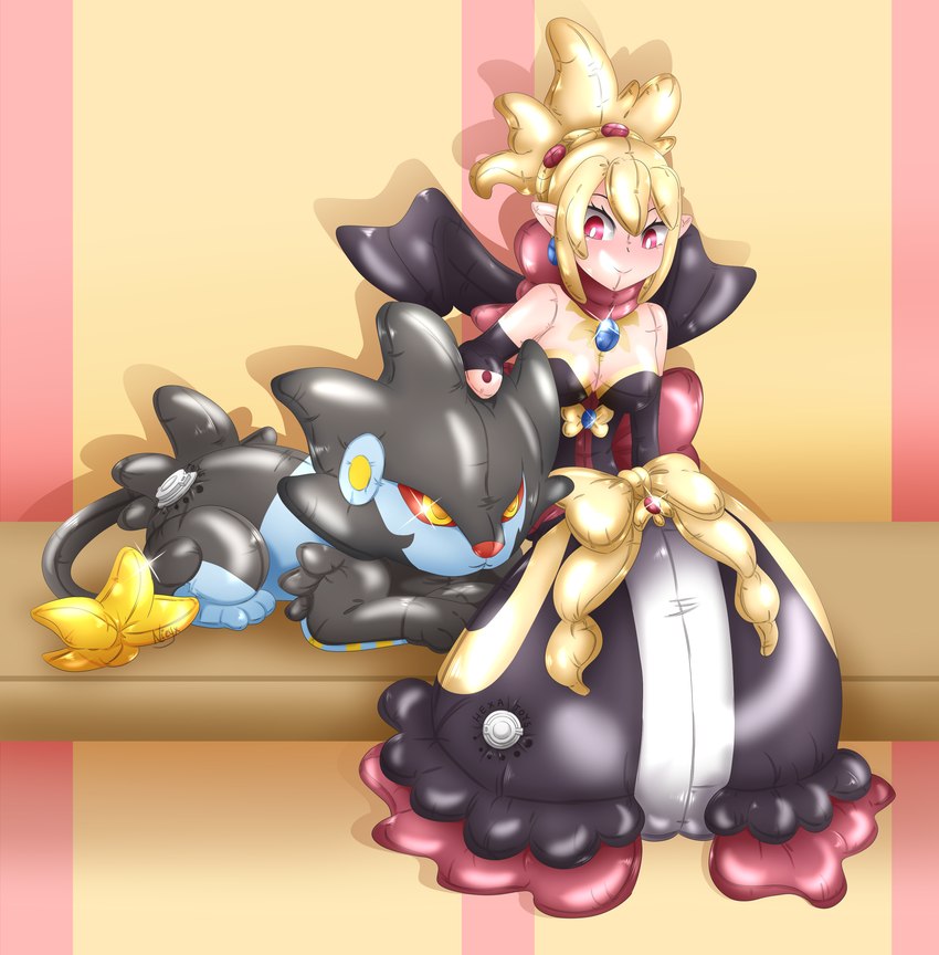 ambiguous_gender clothed clothing duo female feral glistening inflatable jewelry logo lying nozzle painted_clothing pool_toy printed_eyes sitting_on_another nieyx disgaea nintendo nippon_ichi_software pokemon hexatoy rozalin animate_inanimate generation_4_pokemon human living_inflatable luxray mammal pokemon_(species) absurd_res hi_res