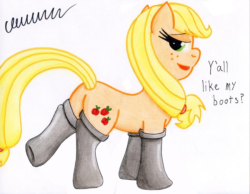 boots clothing female feral footwear hair shoes smile solo the1king friendship_is_magic hasbro my_little_pony applejack_(mlp) earth_pony equid equine horse mammal pony hi_res traditional_media_(artwork)