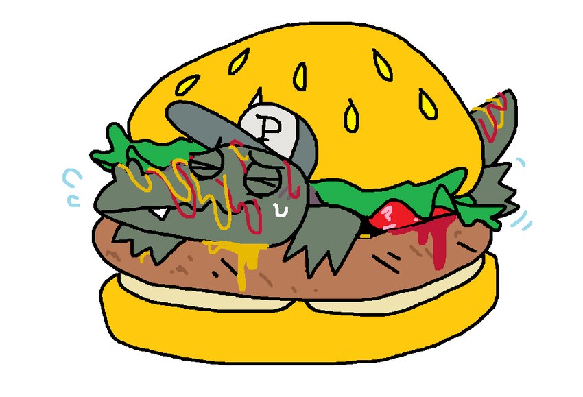 anthro baseball_cap blush bodily_fluids burger clothing eyes_closed food food_fetish food_play fruit green_body hat headgear headwear ketchup lettuce male motion_lines mustard plant simple_background solo sweat tail teeth tomato toony vegetable white_background pawplants later_alligator pillowfight smallbu pat_(later_alligator) alligator alligatorid crocodilian reptile scalie 2023 digital_media_(artwork)