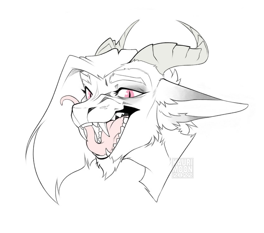 anthro beard facial_hair fangs fur horn inner_ear_fluff licking licking_lips licking_own_lips long_tongue looking_at_viewer male open_mouth pink_eyes self_lick smile solo teeth tongue tongue_out tuft kaurimoon mythology alen_(saren662) dragon furred_dragon furred_scalie mythological_creature mythological_scalie scalie 2022 hi_res