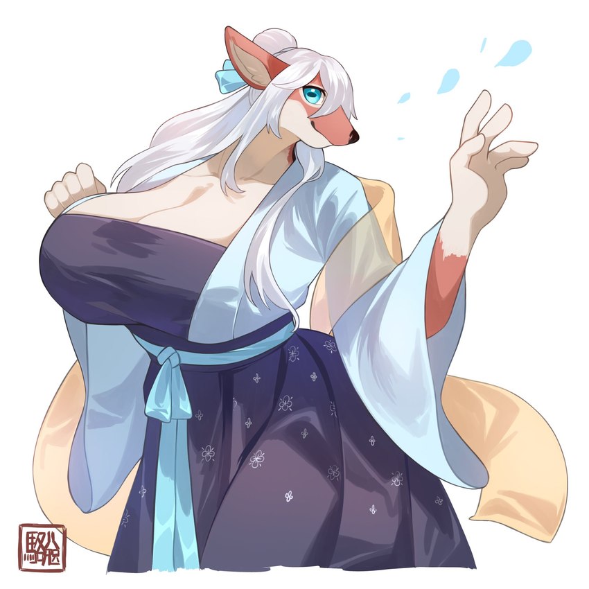 5_fingers anthro asian_clothing big_breasts blue_eyes breasts chinese_clothing clothed clothing dress east_asian_clothing female fingers hair hanfu huge_breasts smile solo white_hair kawarage_yatano aurora_(osaki_eru) deer mammal 1:1 2022 digital_media_(artwork) hi_res