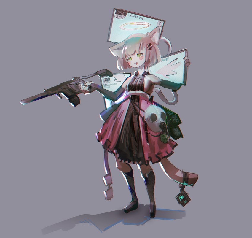 anthro biped blush clothing dress female footwear gas_mask green_eyes grey_background gun halo holding_object holding_weapon kriss_vector mask one_ear_up ranged_weapon shoes simple_background solo submachine_gun weapon wings utterangle mammal hi_res